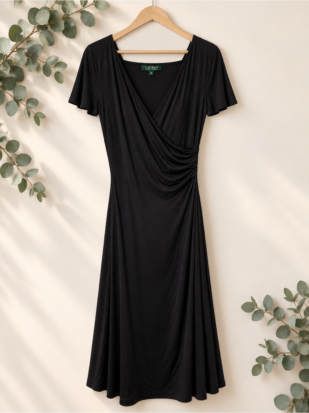 NWT Lauren Ralph Lauren 100% Silk Black Wrap-Style Midi Dress